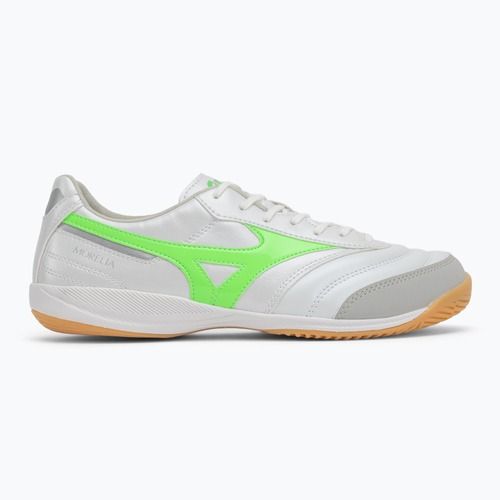 Férfi futballcipő Mizuno Morelia Sala Pro IN fehér/neonzöld/galaxy ezüst