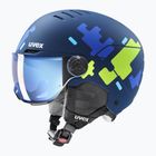 Gyerek sísisak UVEX Rocket Visor Jr blue puzzle matt/mirror blue/smoke