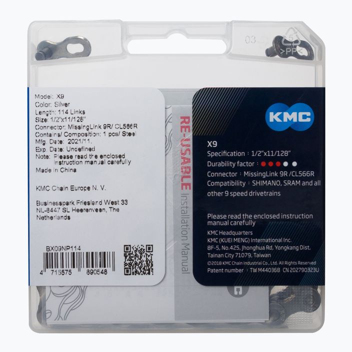 KMC X9 kerékpár lánc 114 láncszem 9rz ezüst BX09NP114 2