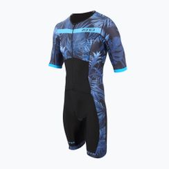 Férfi triatlonruha ZONE3 Activate+ Tropical Palm Short Sleeve Full Zip Trisuit navy/blue