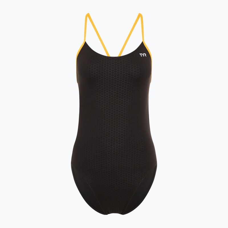 Női egyrészes fürdőruha TYR Hexa Cutoutfit fekete/arany