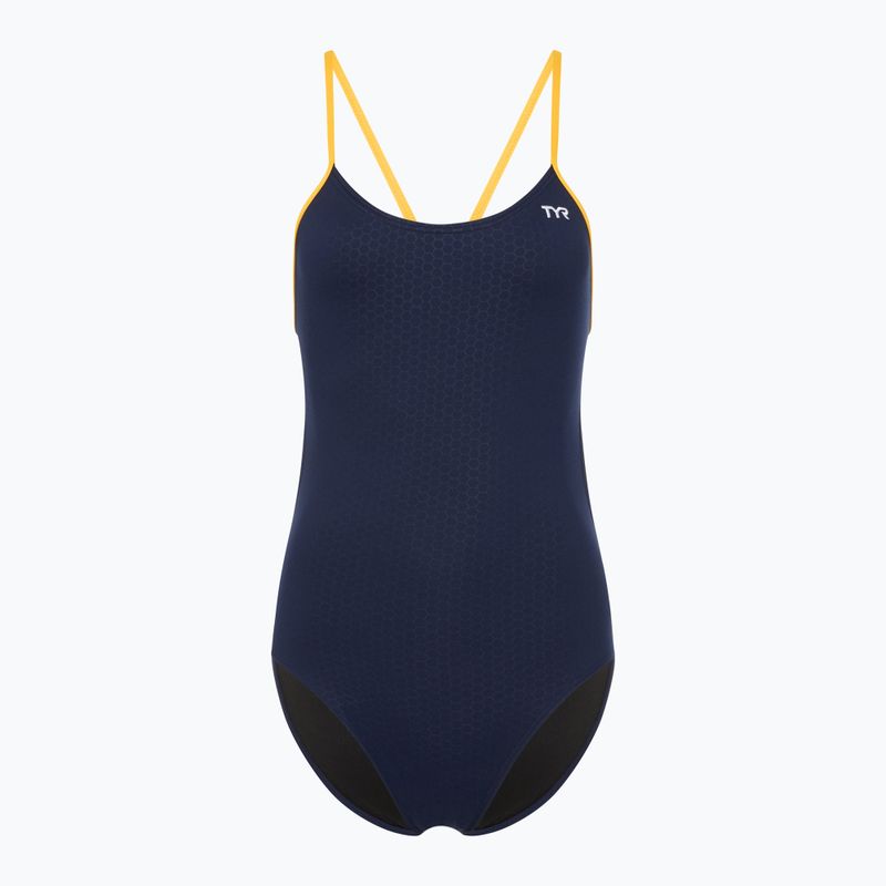 Női egyrészes fürdőruha TYR Hexa Cutoutfit navy/gold