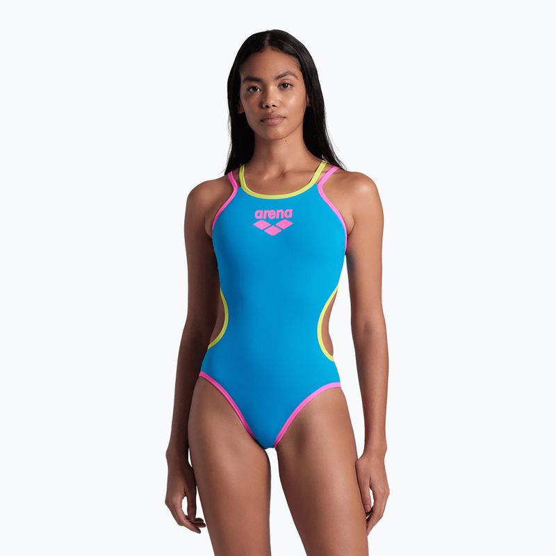 Női egyrészes fürdőruha arena One Double Cross Back One Piece türkiz/fluo rózsaszín/lágy zöld 6