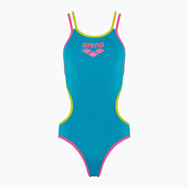 Női egyrészes fürdőruha arena One Double Cross Back One Piece türkiz/fluo rózsaszín/lágy zöld