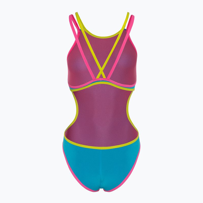 Női egyrészes fürdőruha arena One Double Cross Back One Piece türkiz/fluo rózsaszín/lágy zöld 2