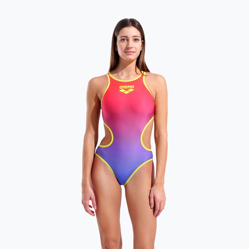 Női egyrészes fürdőruha arena One Shaded Print Tech One Back bright coral royal multi/soft green 5