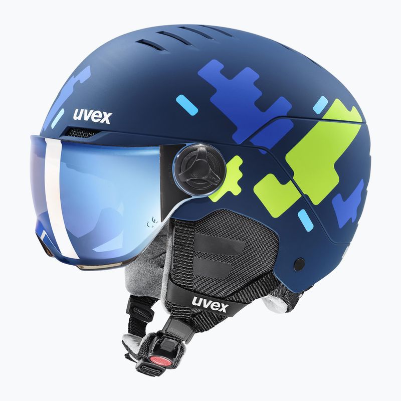 Gyerek sísisak UVEX Rocket Visor Jr blue puzzle matt/mirror blue/smoke