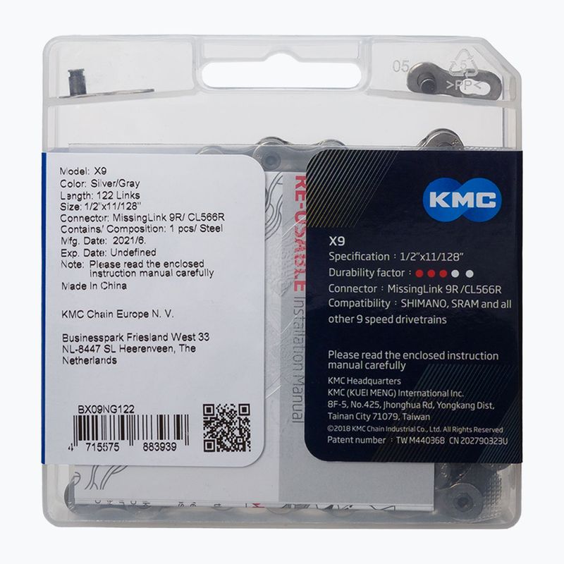 KMC kerékpár lánc X9 122 láncszem 9rz ezüst-szürke BX09NG122 2