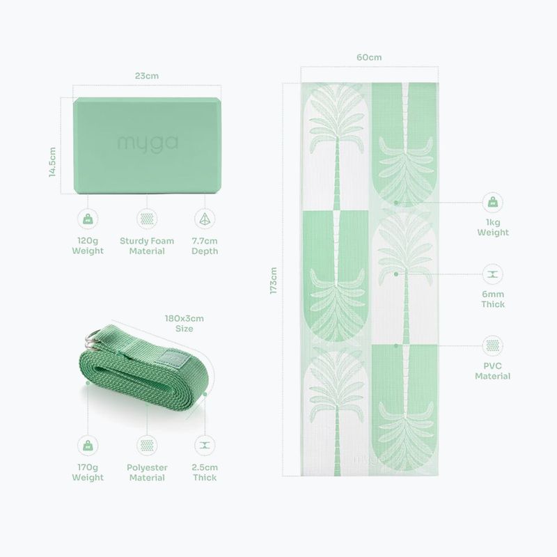 Jóga készlet Myga Sage Palm Yoga Set mat + block + green strap 13