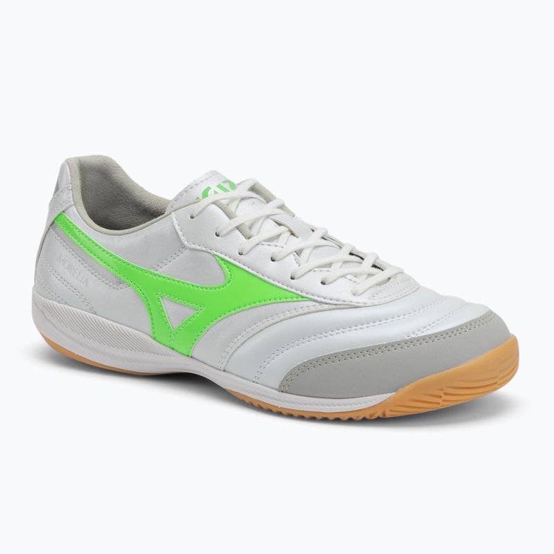 Férfi futballcipő Mizuno Morelia Sala Pro IN fehér/neonzöld/galaxy ezüst