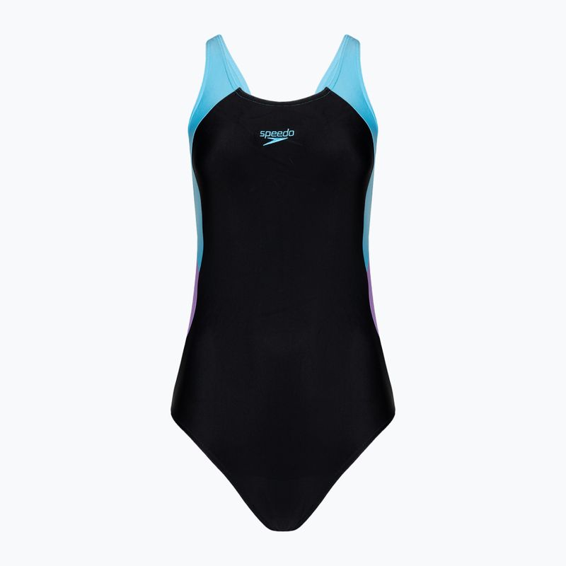 Speedo Colourblock Splice Muscleback női egyrészes fürdőruha fekete/édes lila/picton kék