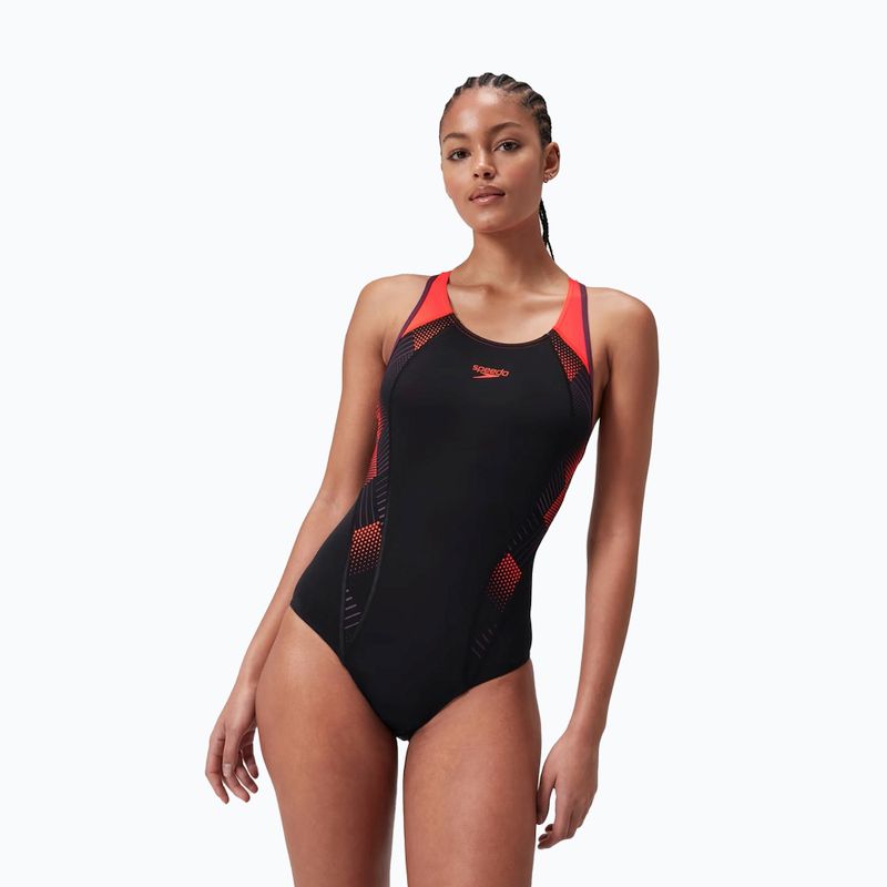 Speedo Placement Laneback egyrészes fürdőruha fekete/sirénpiros/szilva dandy 6