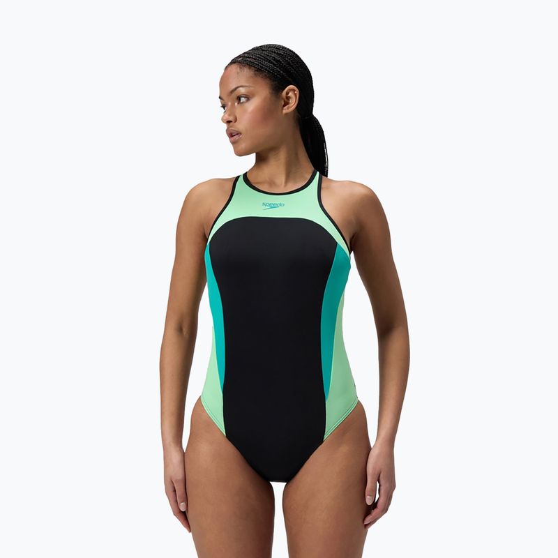 Női egyrészes úszódressz Speedo High Neck Splice Cross Back türkizkék drágakő