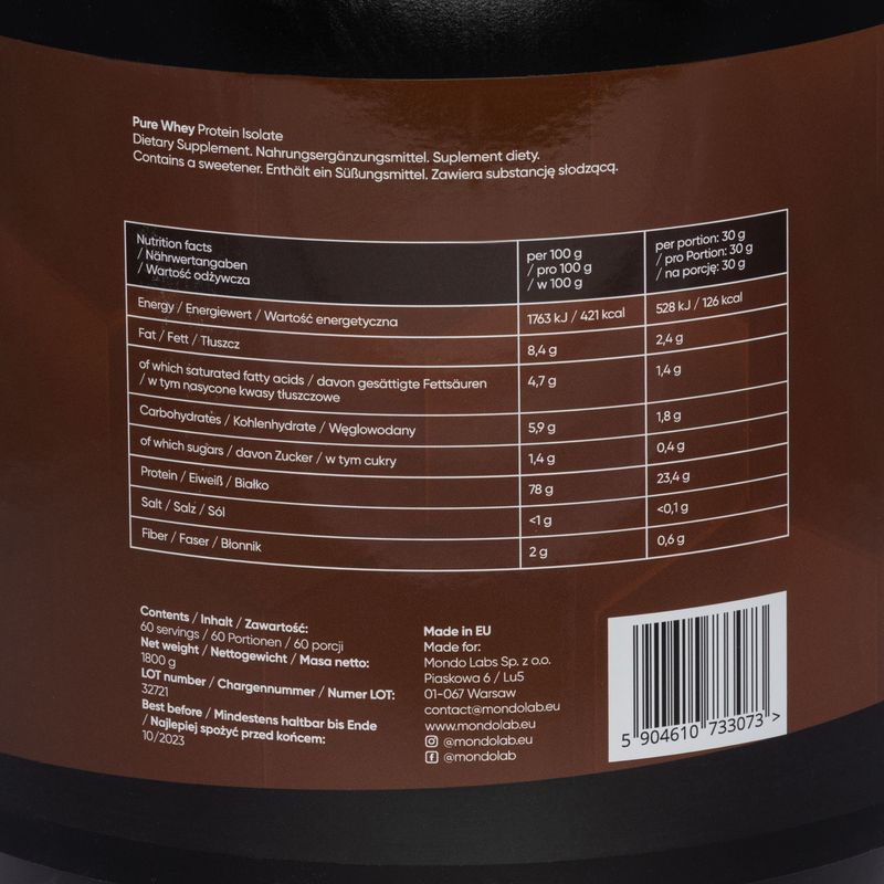 Pure Whey MONDOLAB fehérje izolátum 1800g dupla csokoládé MND003 2