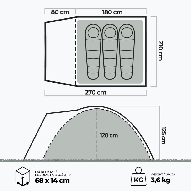 3 személyes KADVA CAMPdome 3 zöld kempingsátor 7
