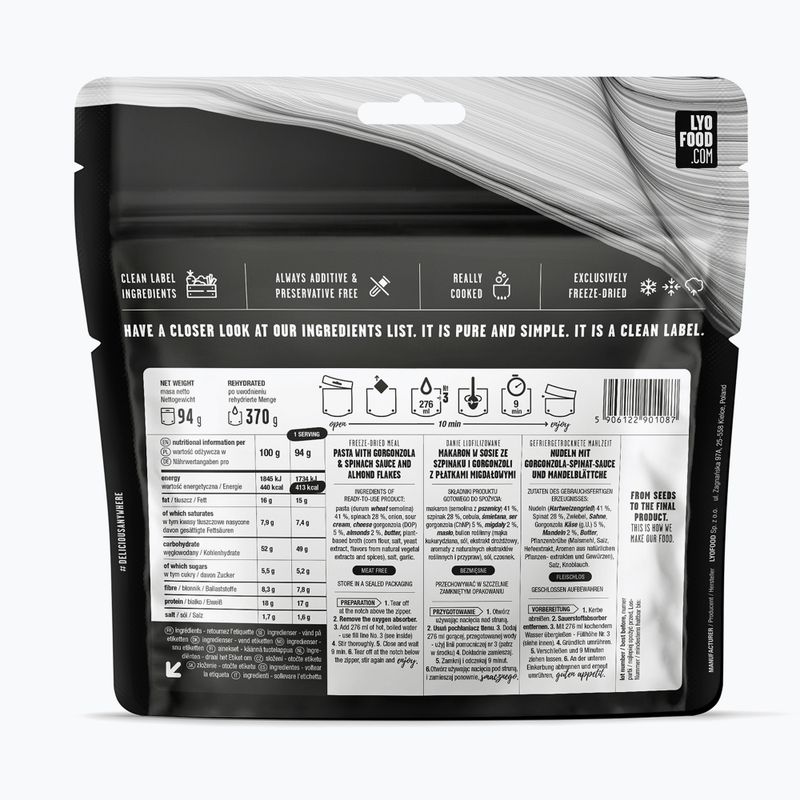 Liofilizált élelmiszer LYOFOOD Farfalle spenóttal és gorgonzolával 370 g 2