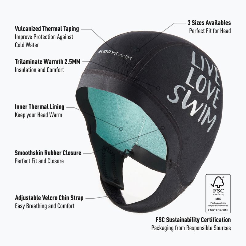 BuddySwim Trilaminate Warmth 2,5 mm neoprén sapka fekete 3
