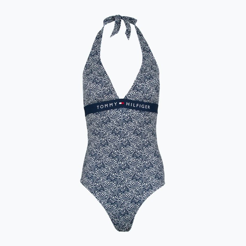 Tommy Hilfiger női egyrészes fürdőruha Halter One Piece Rp Print illusztrált hullám sötét éjszakai tengerészgyalogság