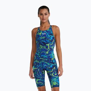 Női egyrészes fürdőruha TYR Thresher Open Back Hyperblitz blue/green