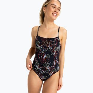 Női egyrészes fürdőruha ROXY Active Basic Basic Printed anthracite athletic hibiszkusz