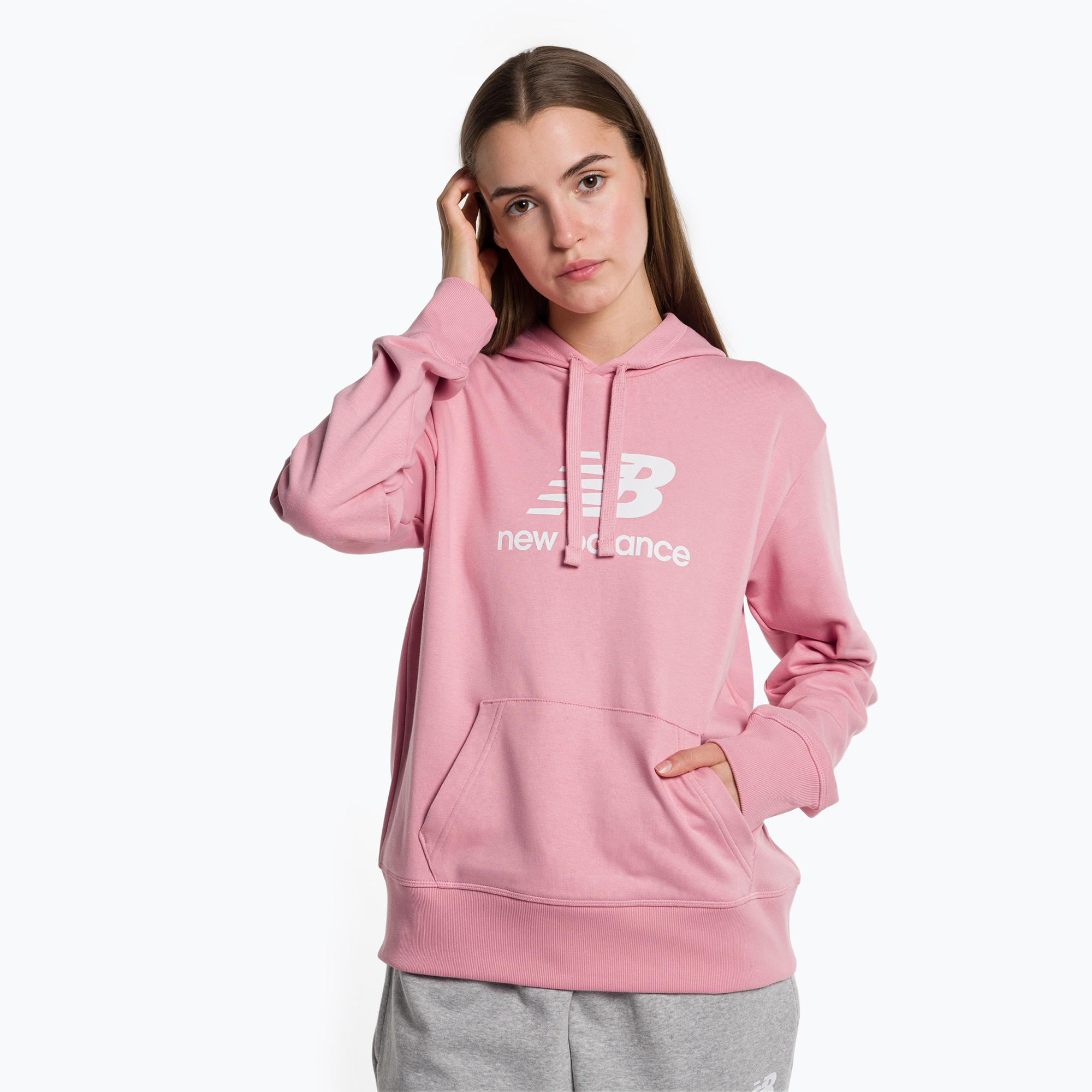 36%-kal olcsóbban.  Női tréning pulóver New Balance Essentials Stacked Logo French Terry kapucnis pulóver rózsaszín WT31533HAO. Méret: M