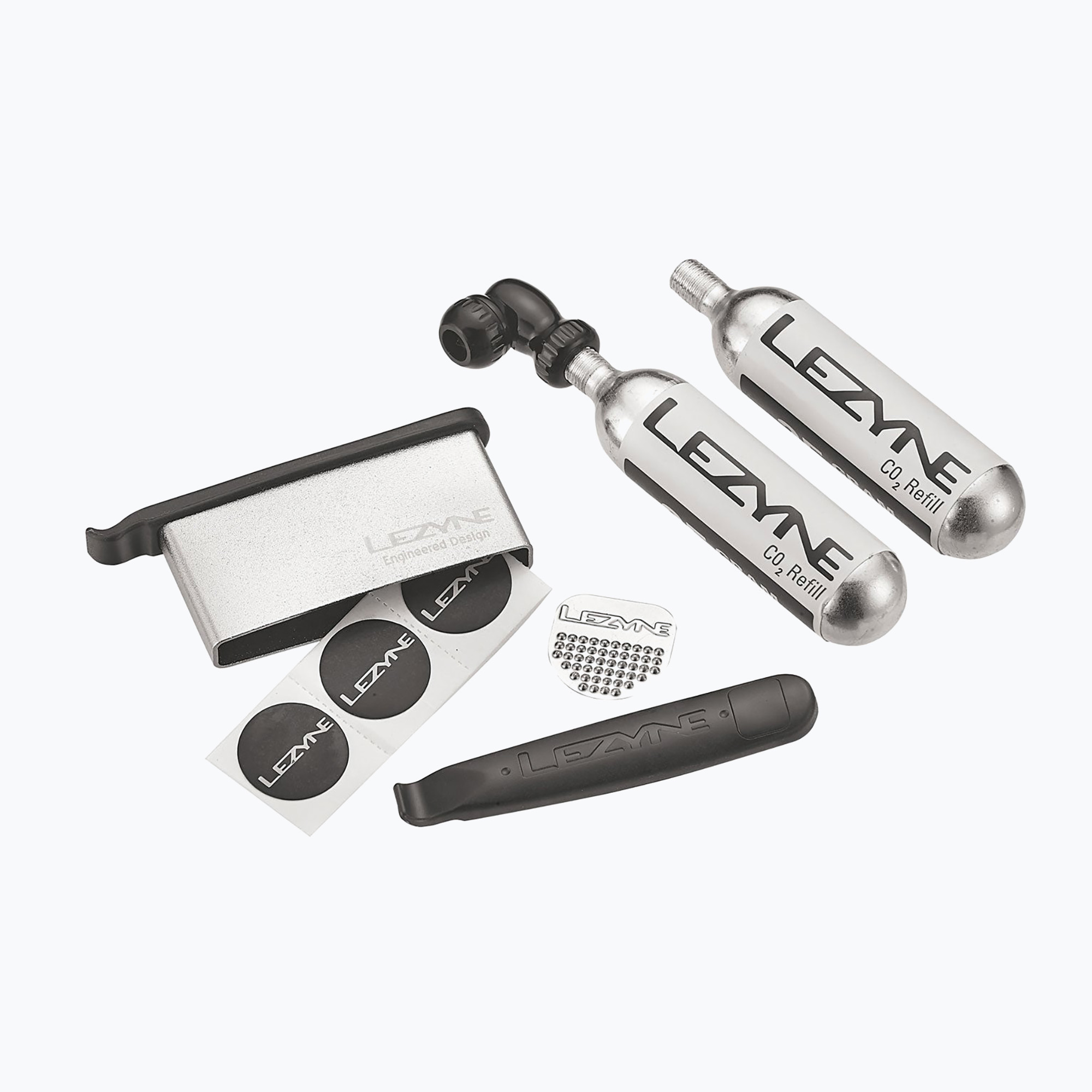 Kerékpár szett LEZYNE TWIN KIT CO2, TWIN SPEED DRIVE, 6x kombinált tapasz, 2x kanál + 2x patron 1-C2-TWDRKIT-V204. Méret: 16 g