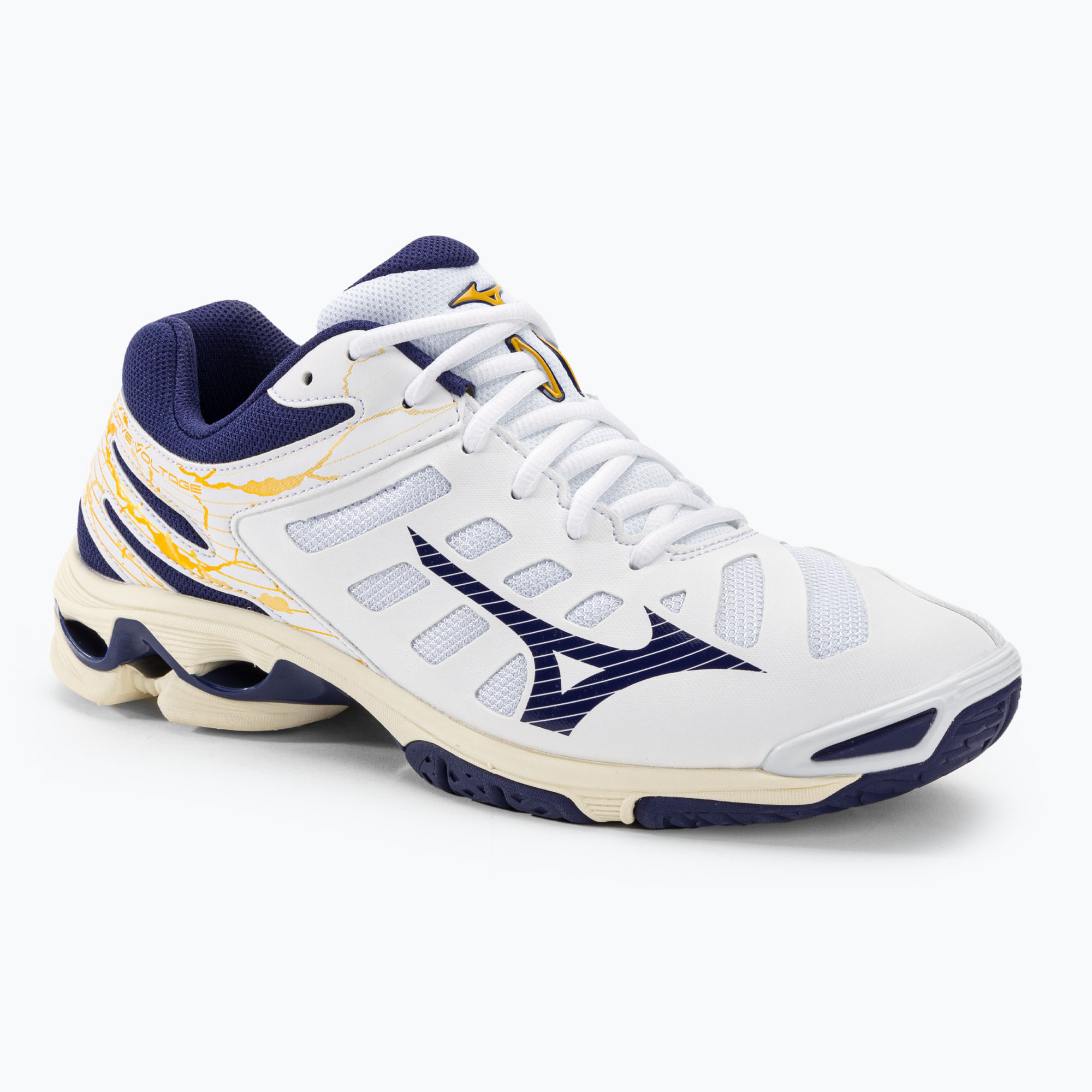 29%-kal olcsóbban.  Férfi röplabda cipő Mizuno Wave Voltage fehér / kék szalag / mp arany. Méret: 42.5 EU