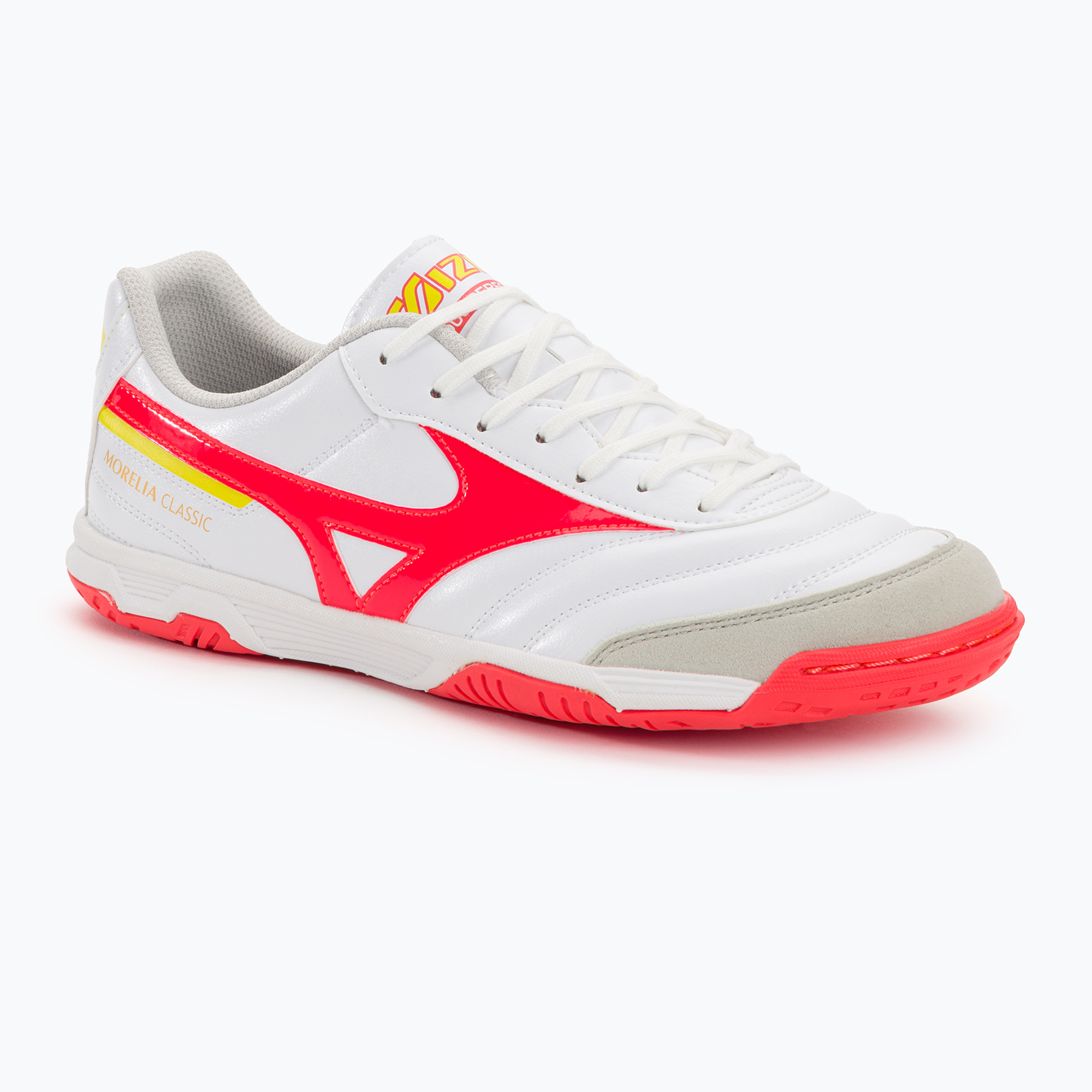 30%-kal olcsóbban.  Mizuno Morelia Sala Classic IN fehér/flery coral2/bolt2 férfi futballcipő. Méret: 45 EU