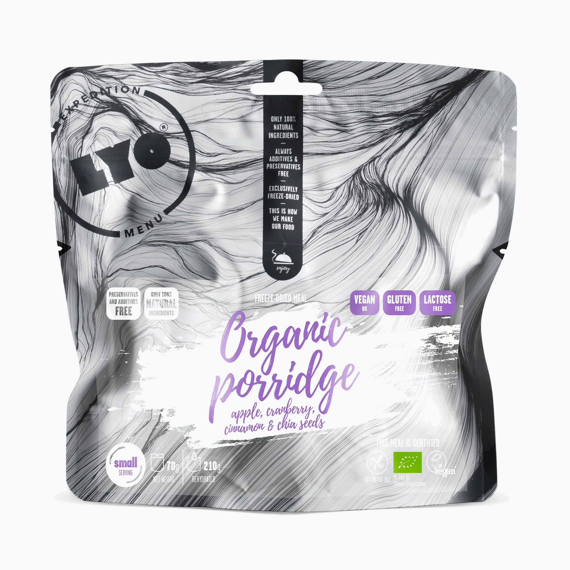 27%-kal olcsóbban.  LYOFOOD EKO zabpehely almával  áfonyával  fahéjjal és chia maggal LF-7708. Méret: 70 g
