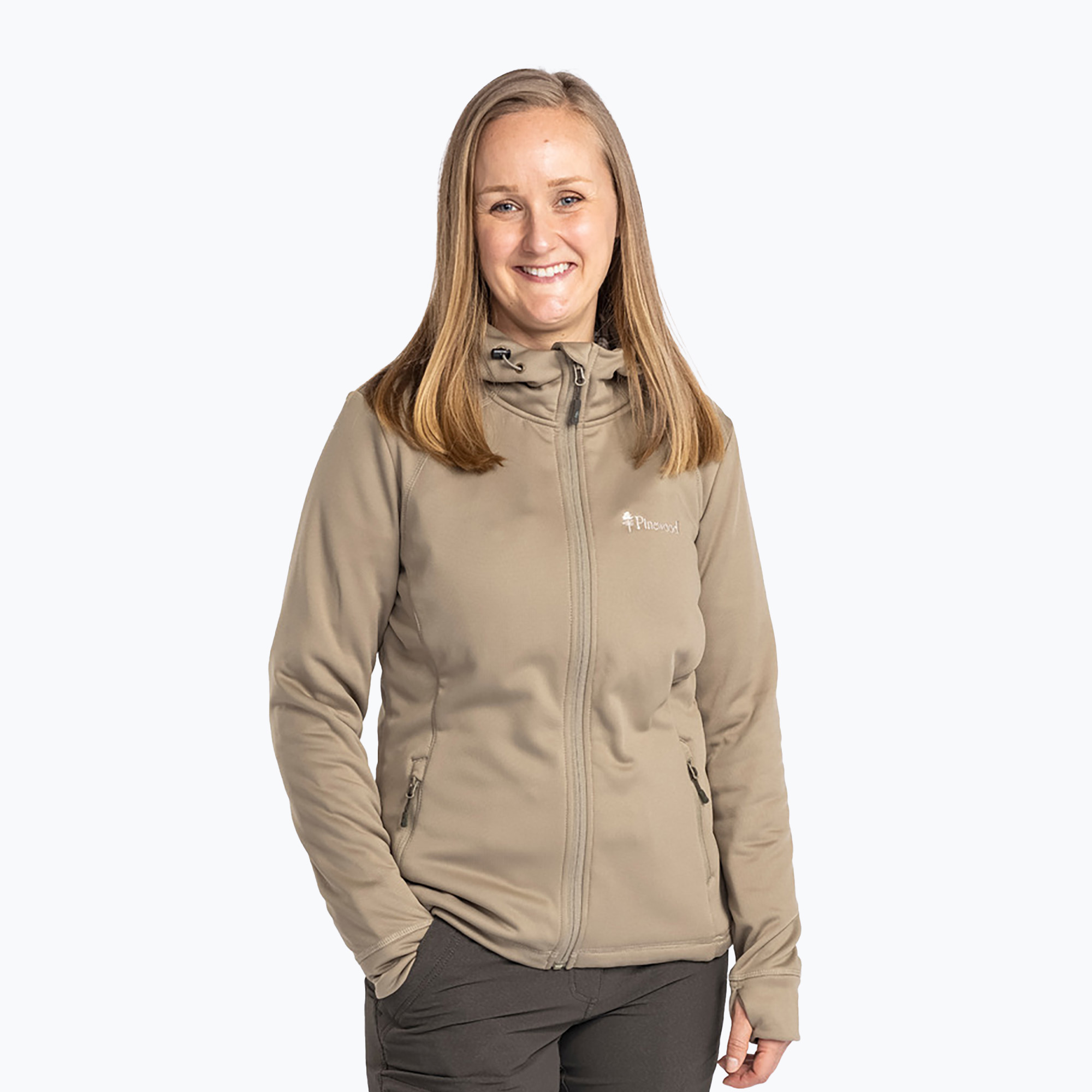 15%-kal olcsóbban.  Női trekking pulóver Pinewood Finnveden Hoodie közép khaki színben. Méret: L