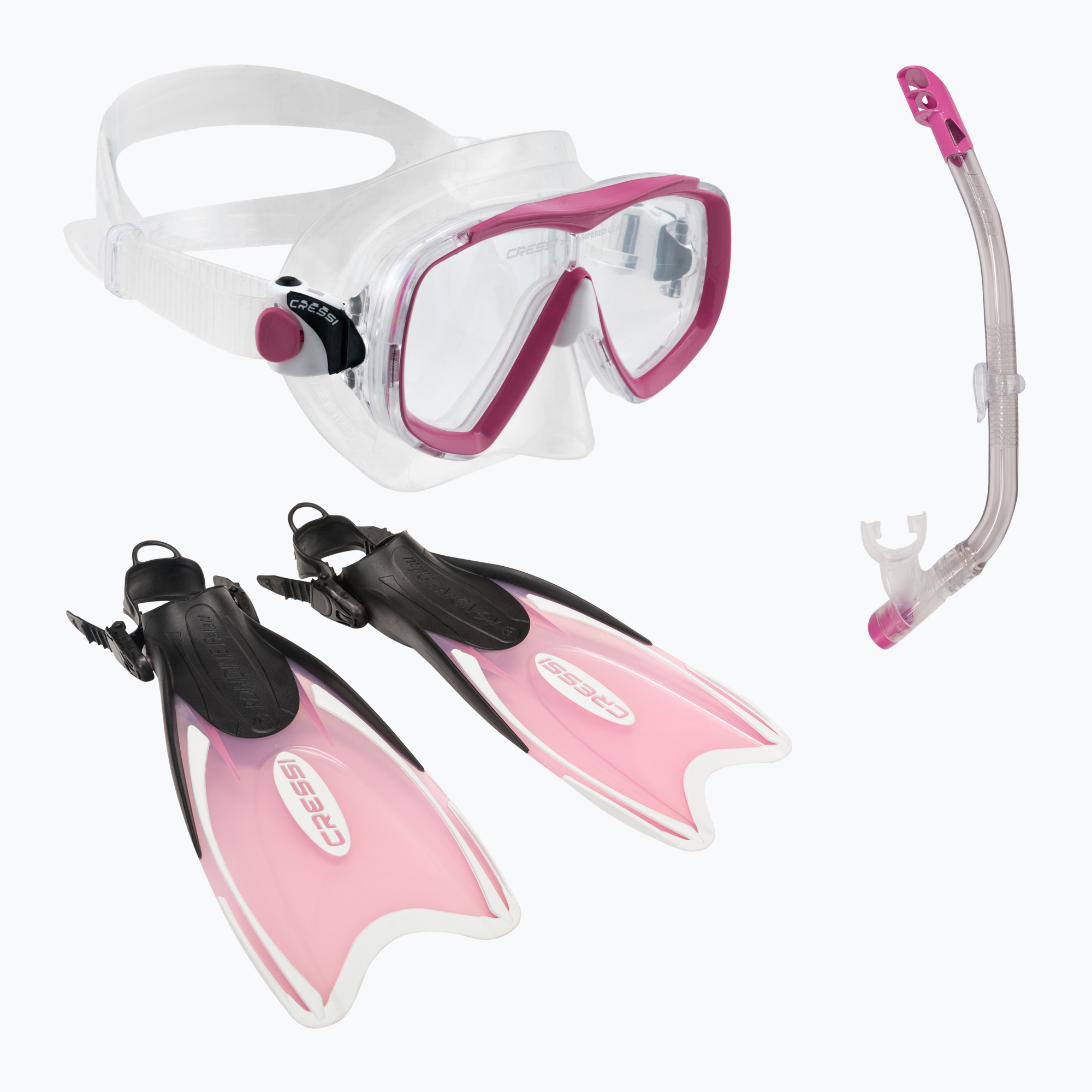 15%-kal olcsóbban.  Búvárszett Cressi Mini Palau Bag maszk + snorkel + uszonyok rózsaszín CA123129. Méret: 29-32 EU