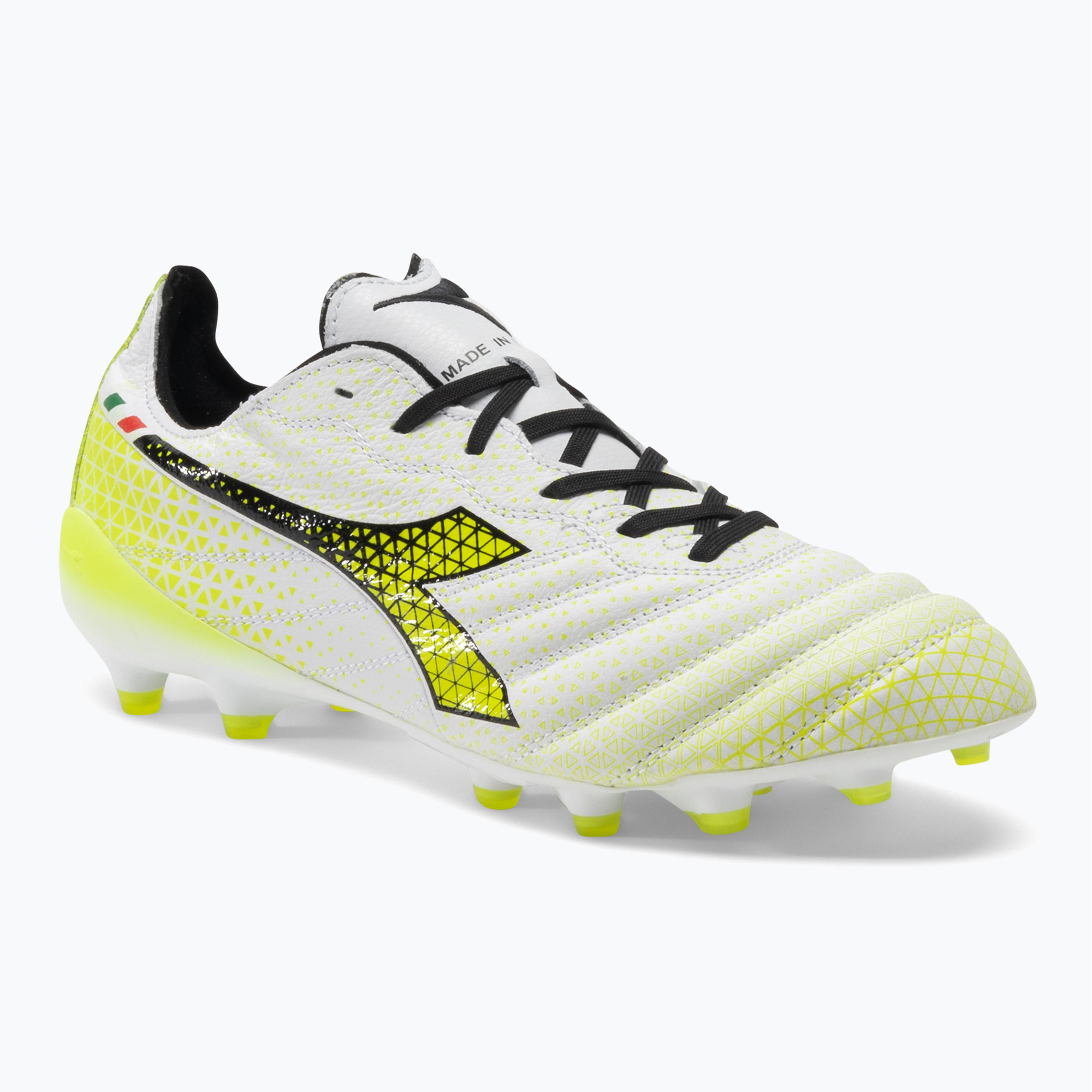 20%-kal olcsóbban.  Férfi Diadora Brasil Elite Tech Tech GR ITA LPX futballcipő fehér/fekete/fluo sárga. Méret: 43 EU